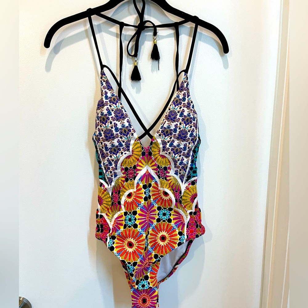 Trina Turk strappy patterned swimsuit.